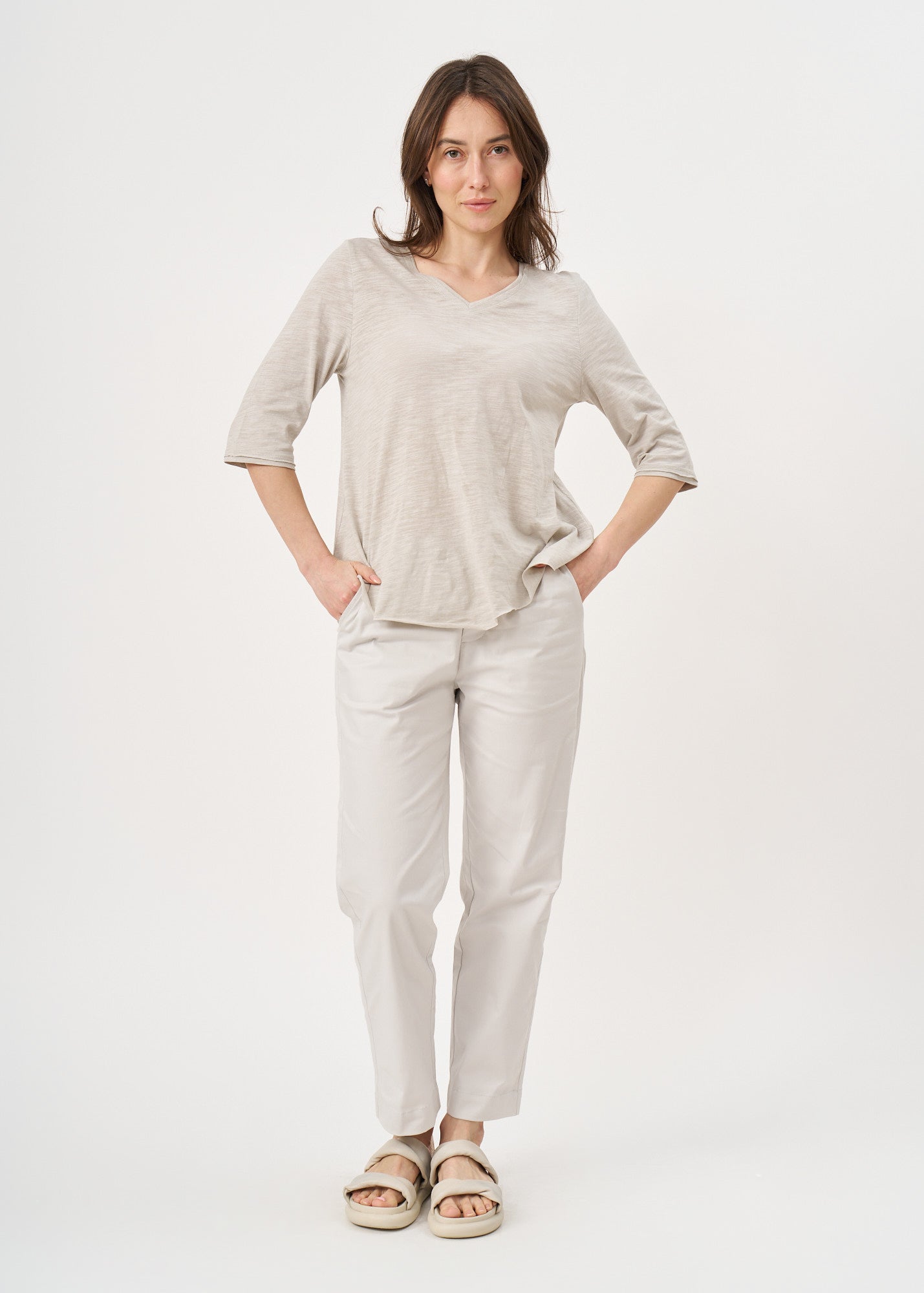 T-shirt with triangular extension, V-neck, 3/4 sleeve, stone