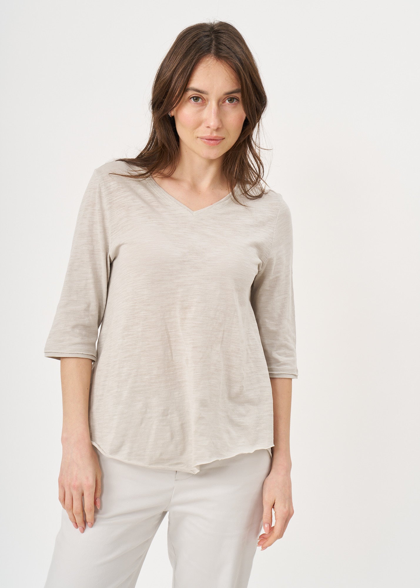 T-shirt with triangular extension, V-neck, 3/4 sleeve, stone