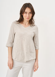 T-shirt with triangular extension, V-neck, 3/4 sleeve, stone