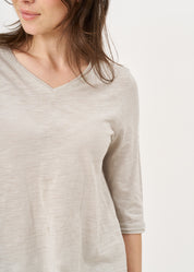 T-shirt with triangular extension, V-neck, 3/4 sleeve, stone