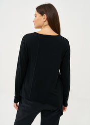 חולצה שרוול ארוך מפתח וי סריג דק שחור