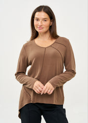 חולצה שרוול ארוך מפתח וי סריג דק חום