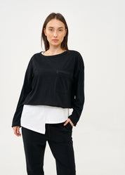 טי שרט עם כיס שרוול ארוך שחור