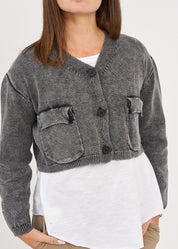 Black three-button washed knit top