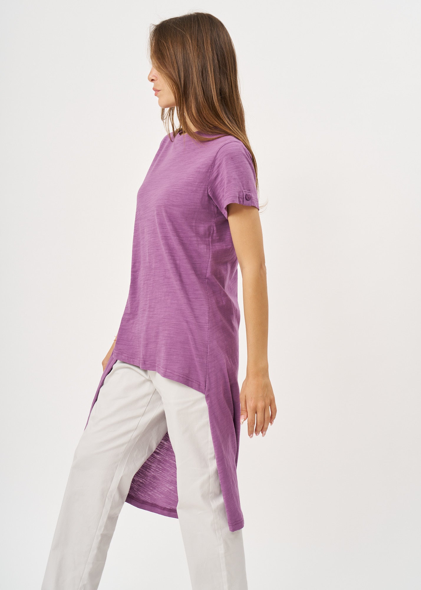 Purple long button short sleeve tunic