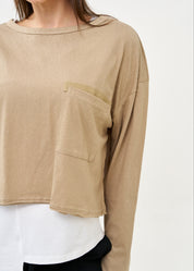 טי שרט עם כיס שרוול ארוך חום