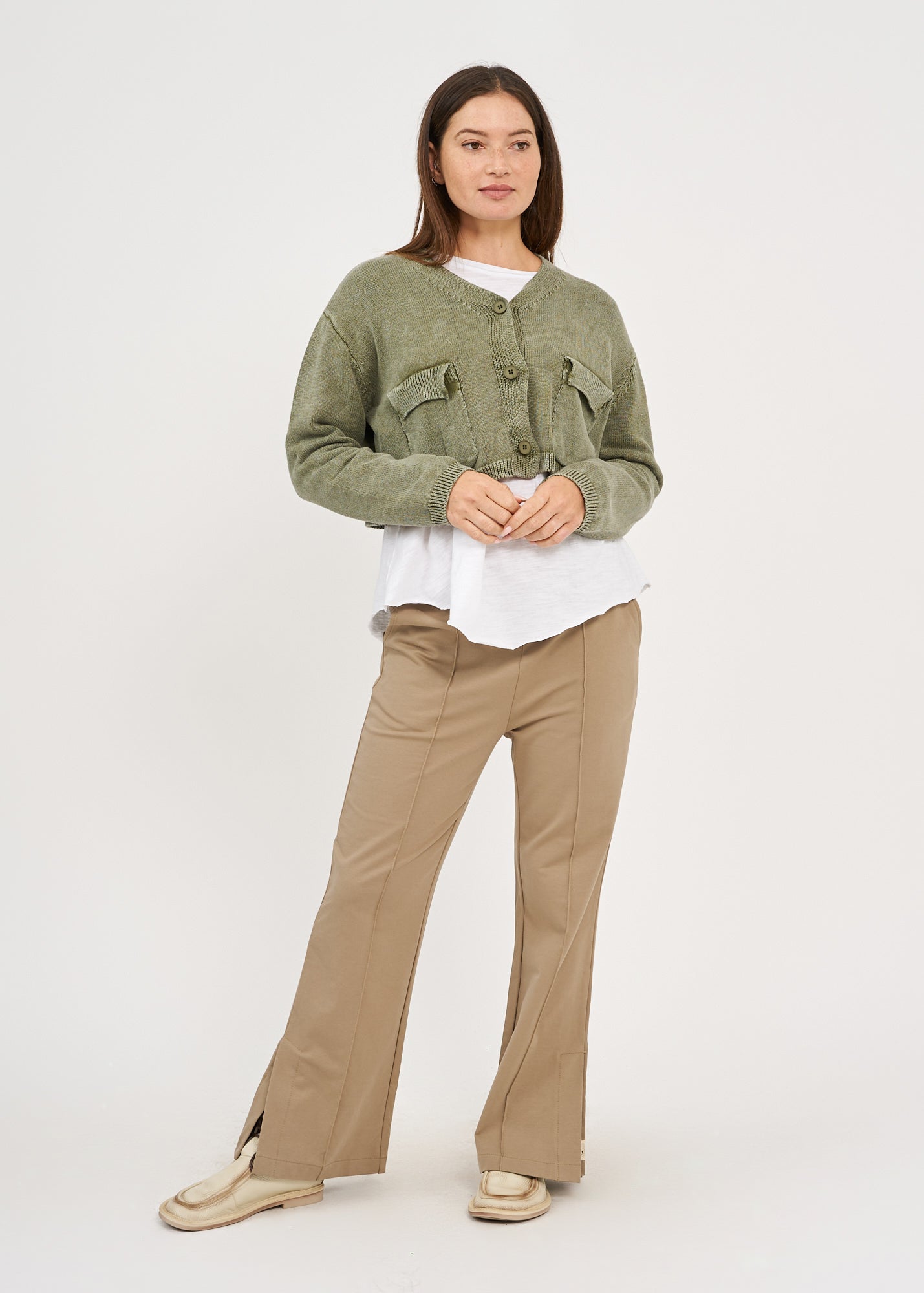 Dark green three-button washed knit top