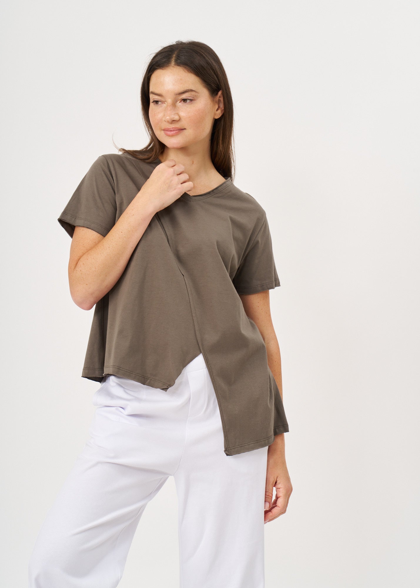 טי שרט חתך אלכסוני אורך א-סימטרי אפור כהה