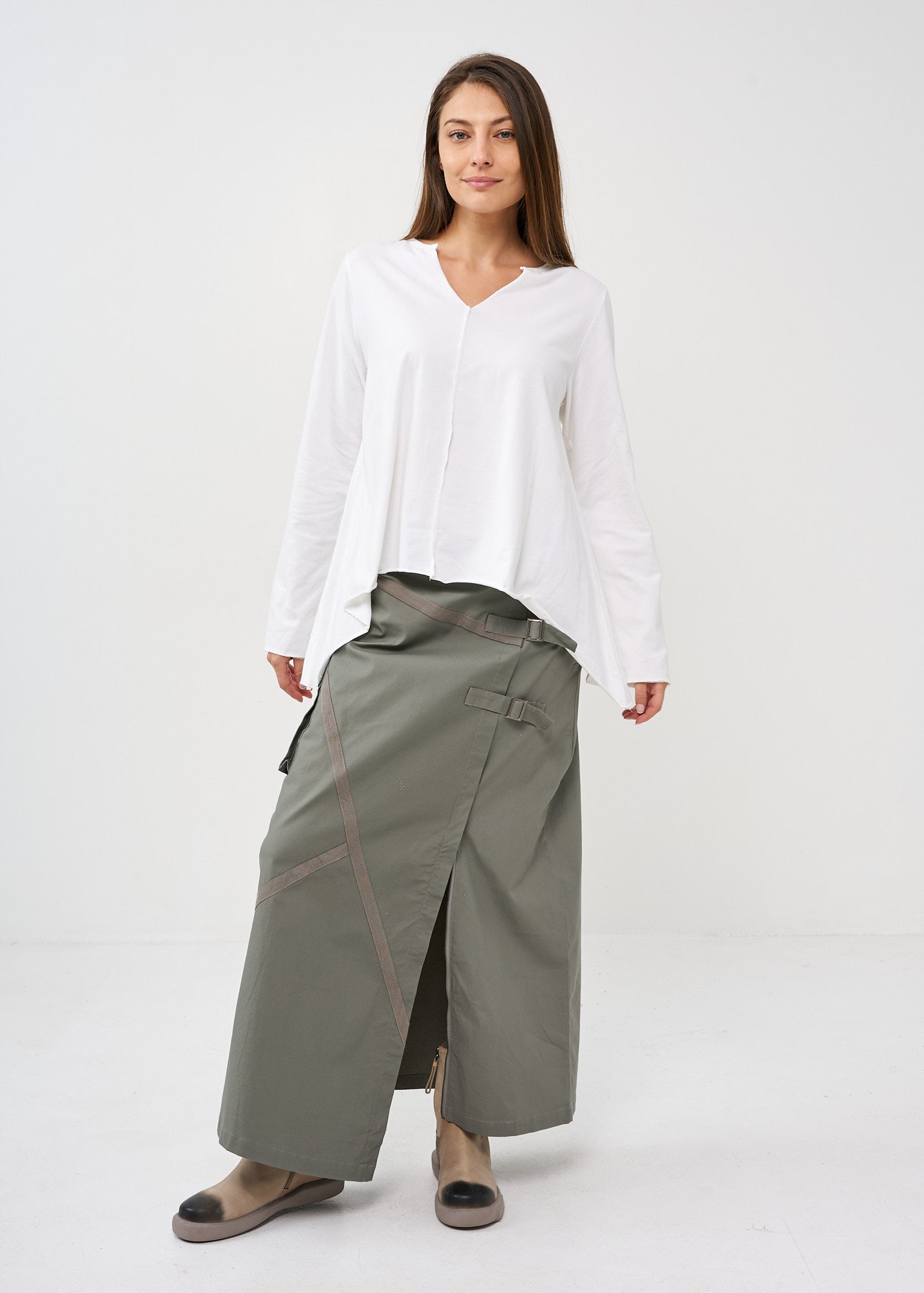 White long sleeve V-neck shirt