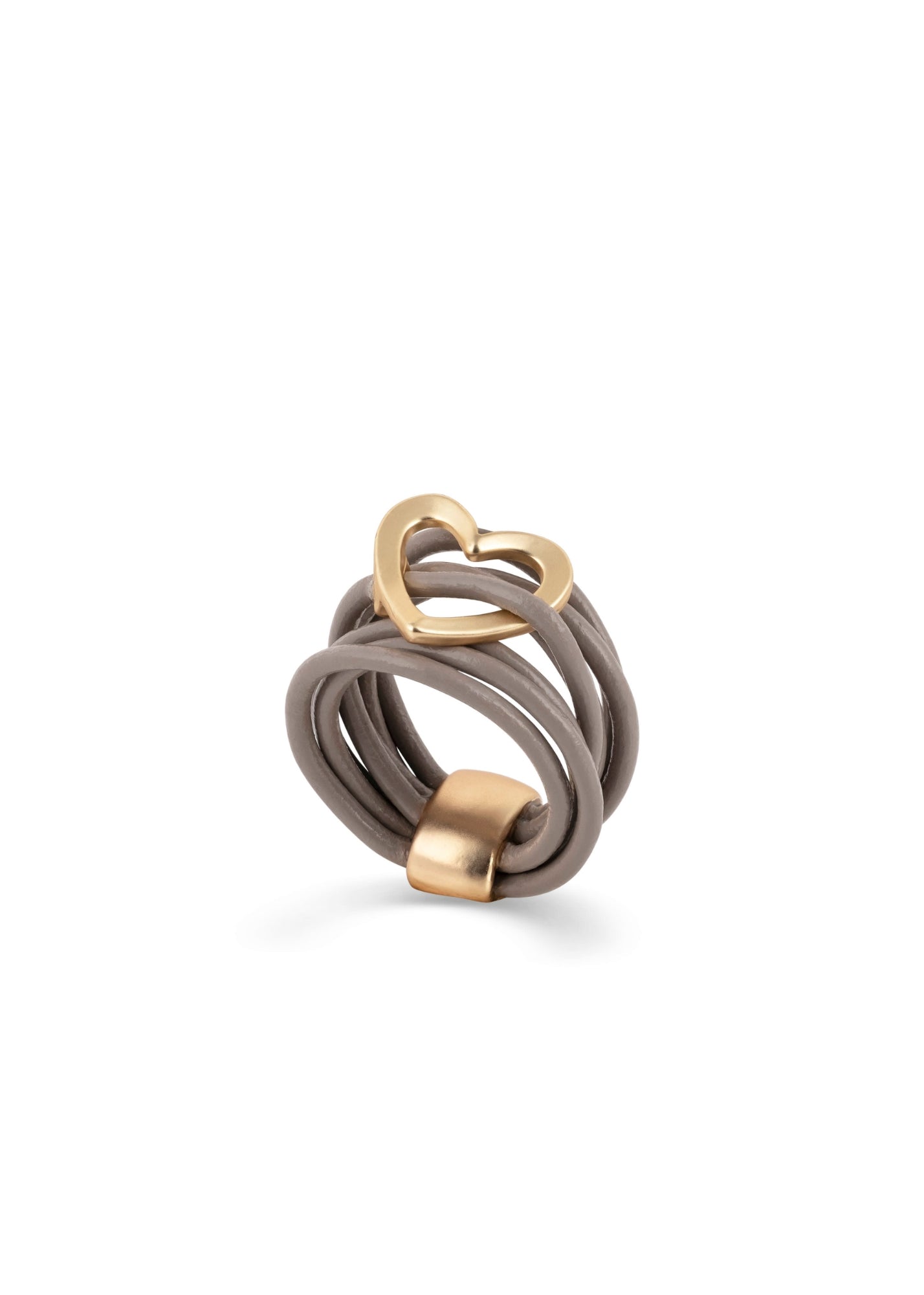 טבעת רצועות עור ולב מתכת בז'