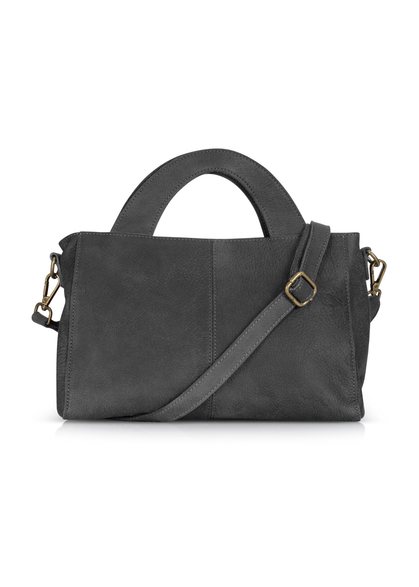 Rectangular leather evening bag with a large semicircle handle, dark gray