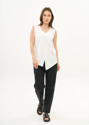 White V-neck tank top with diagonal stitching and slits