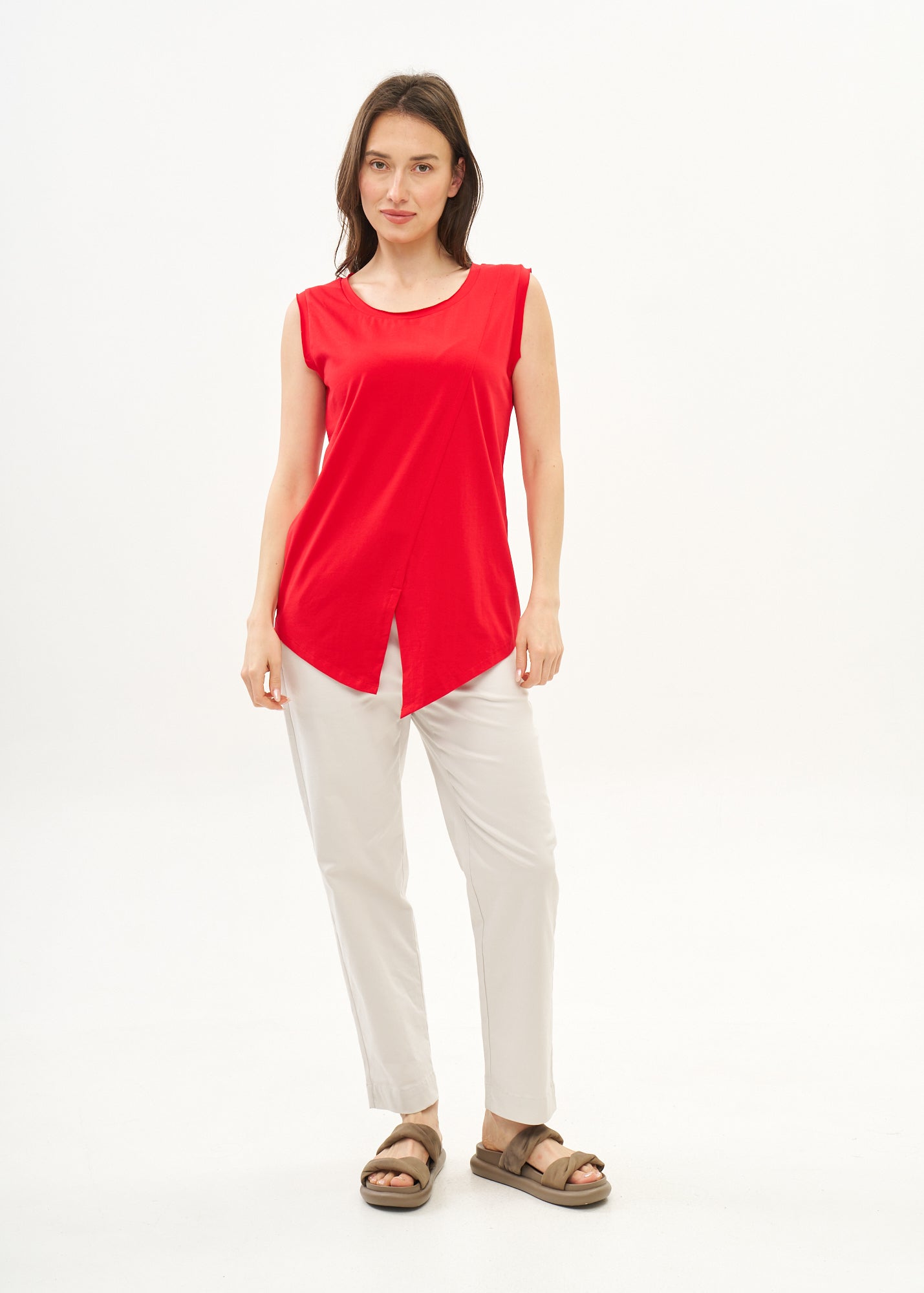 Red top with diagonal stitching