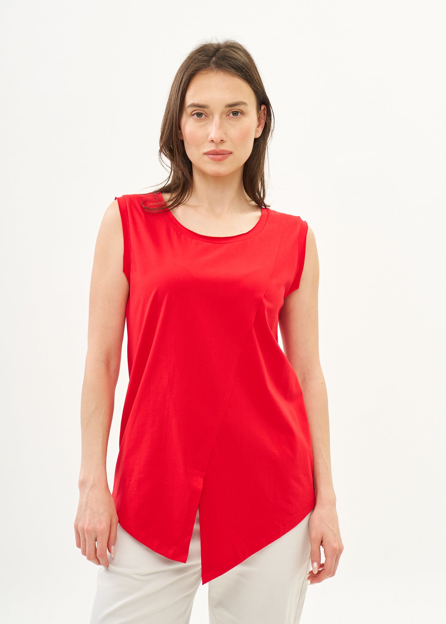 Red top with diagonal stitching