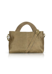 Rectangular leather evening bag with a large semi-circle handle, dark green