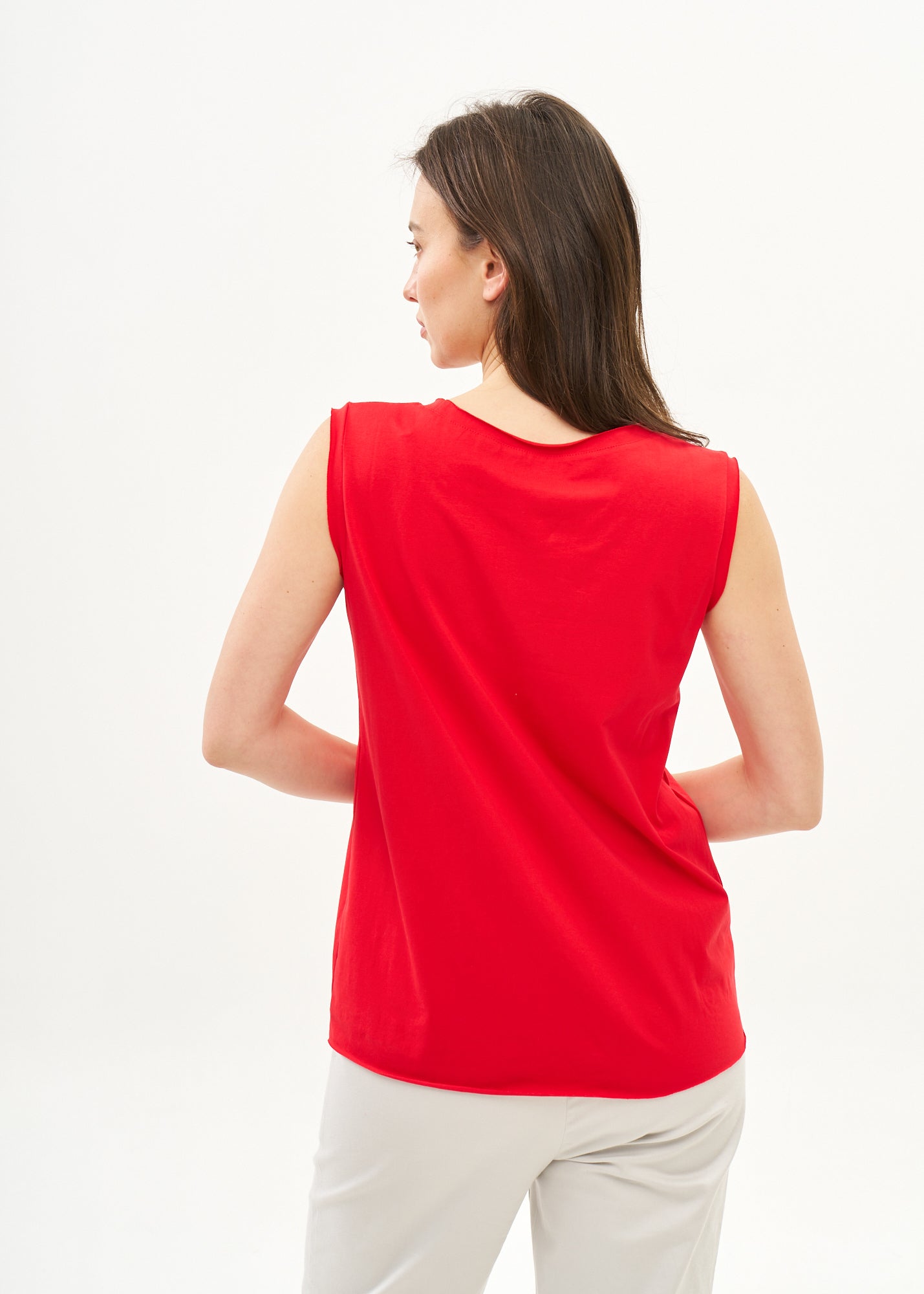 Red top with diagonal stitching
