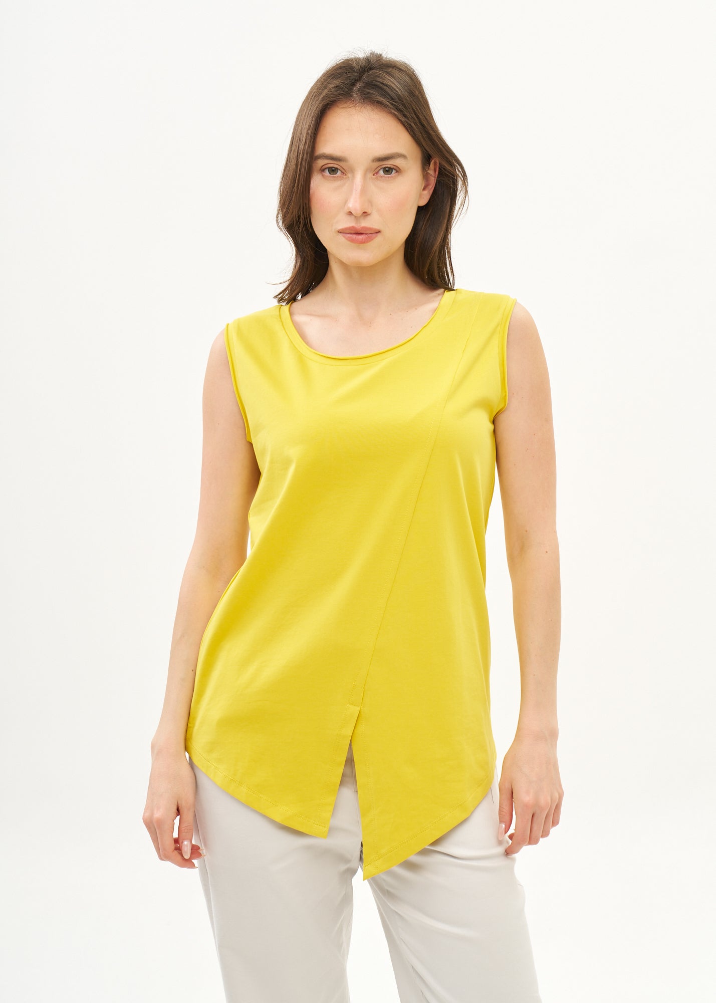 Yellow top with diagonal stitching