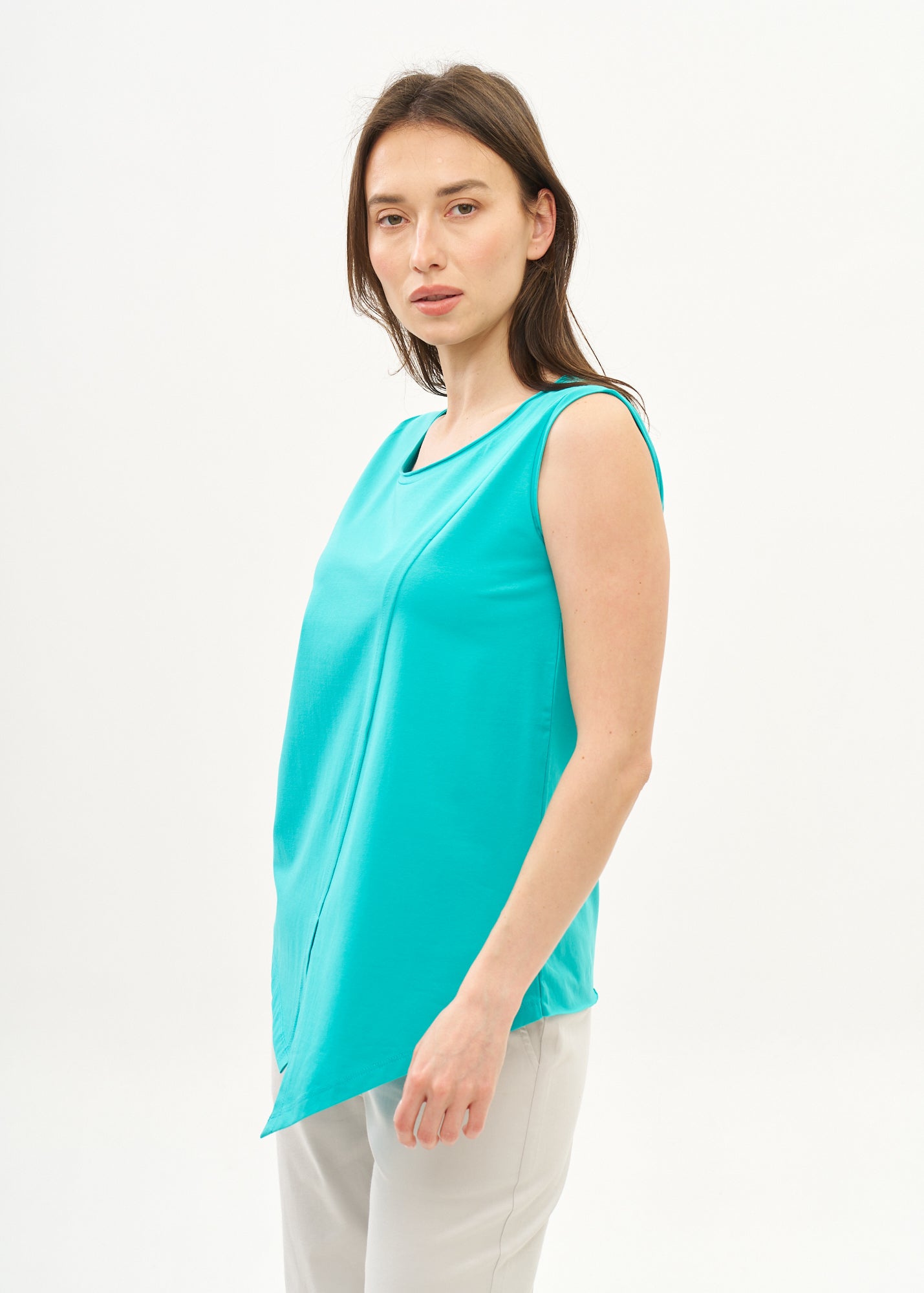 Turquoise top with diagonal stitching
