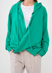 Twisted-end sweatshirt and turquoise hoodie