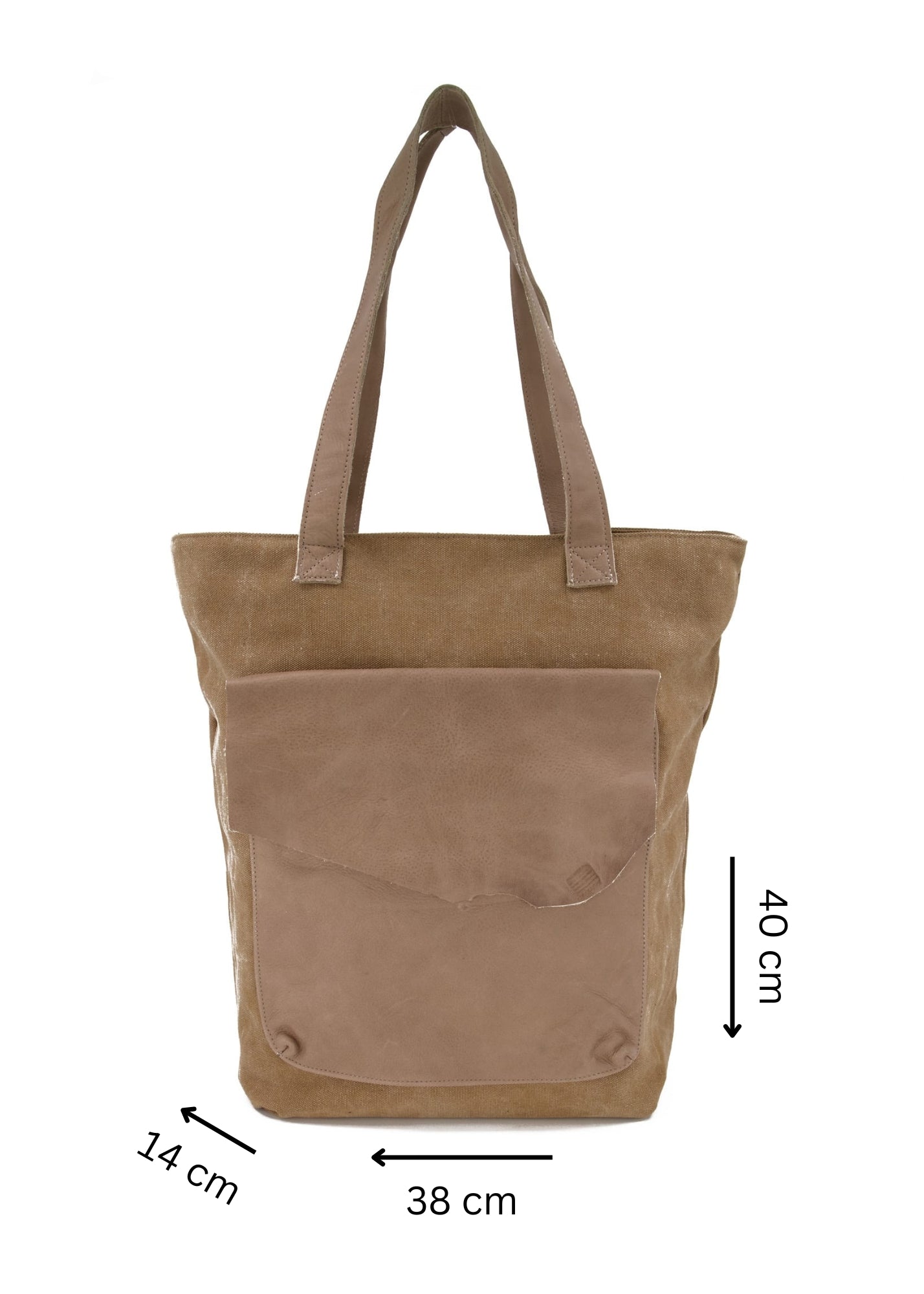 Side canvas bag with brown leather front pocket and flap