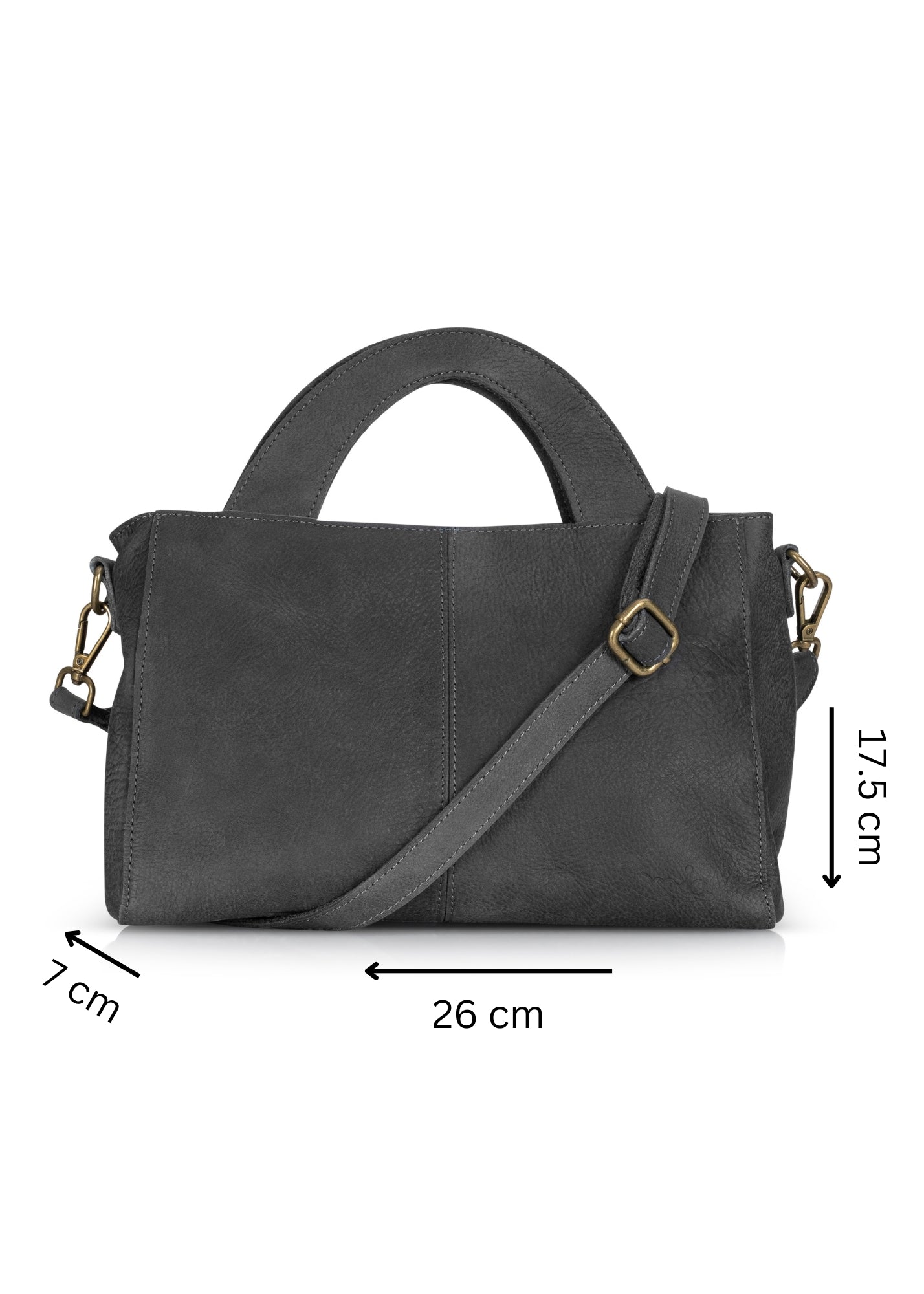 Rectangular leather evening bag with a large semicircle handle, dark gray