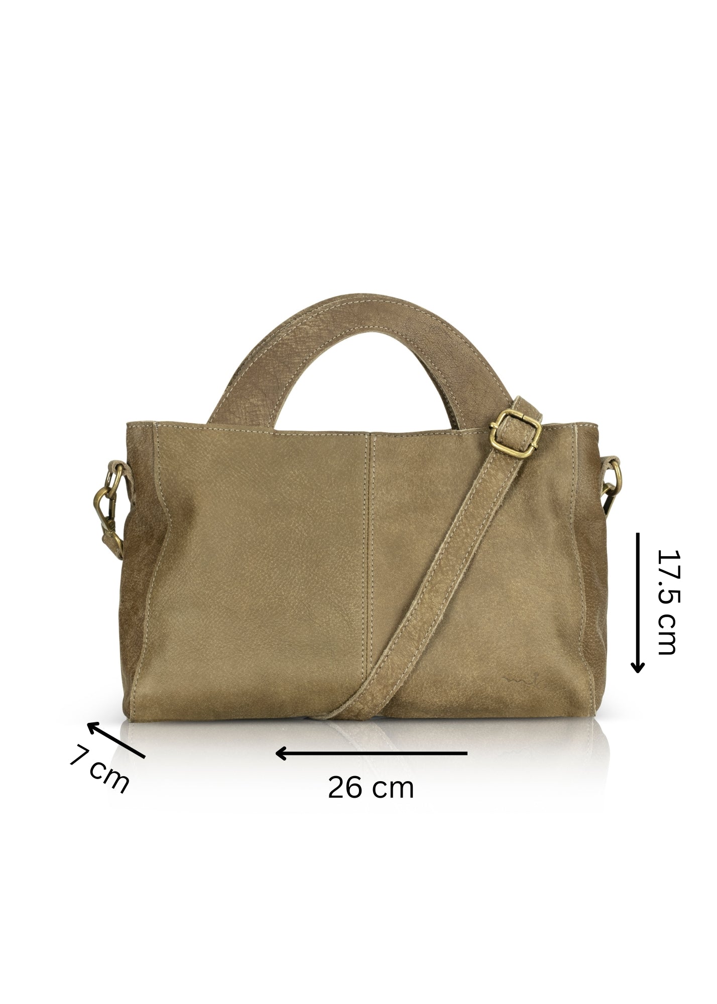 Rectangular leather evening bag with a large semi-circle handle, dark green