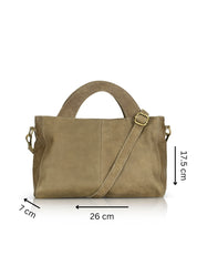 Rectangular leather evening bag with a large semi-circle handle, dark green