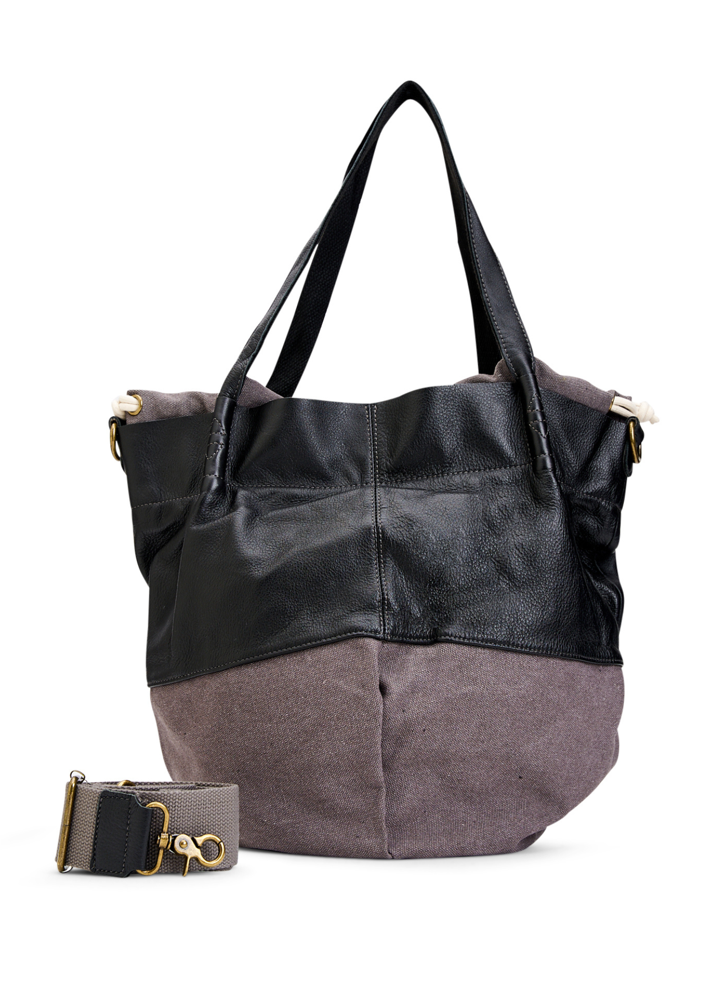 Canvas and gray leather bucket bag