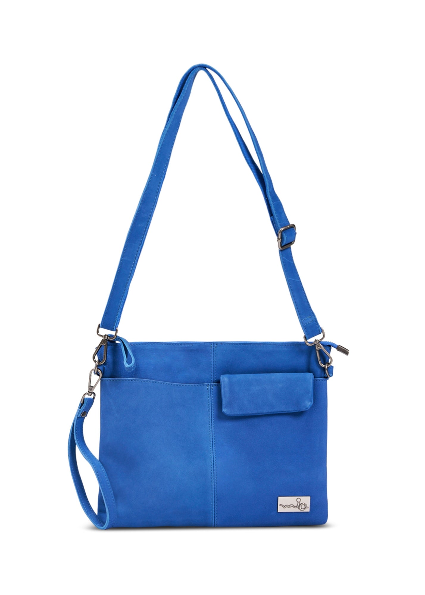 Leather evening bag with pocket and flap blue wash