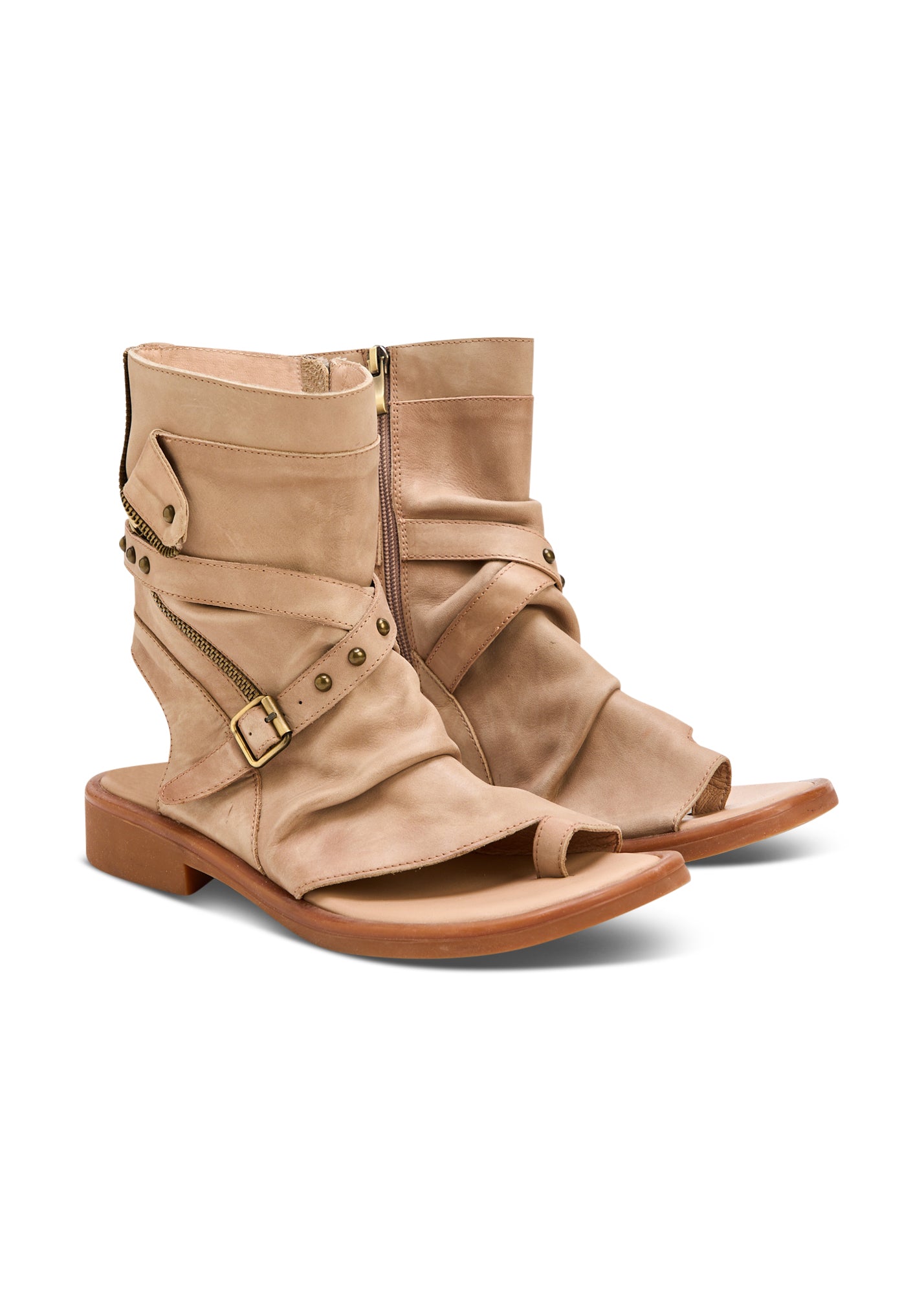 High sandals with straps and brown buckle