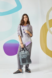 Beige leather combined nylon bag