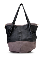 Canvas and gray leather bucket bag