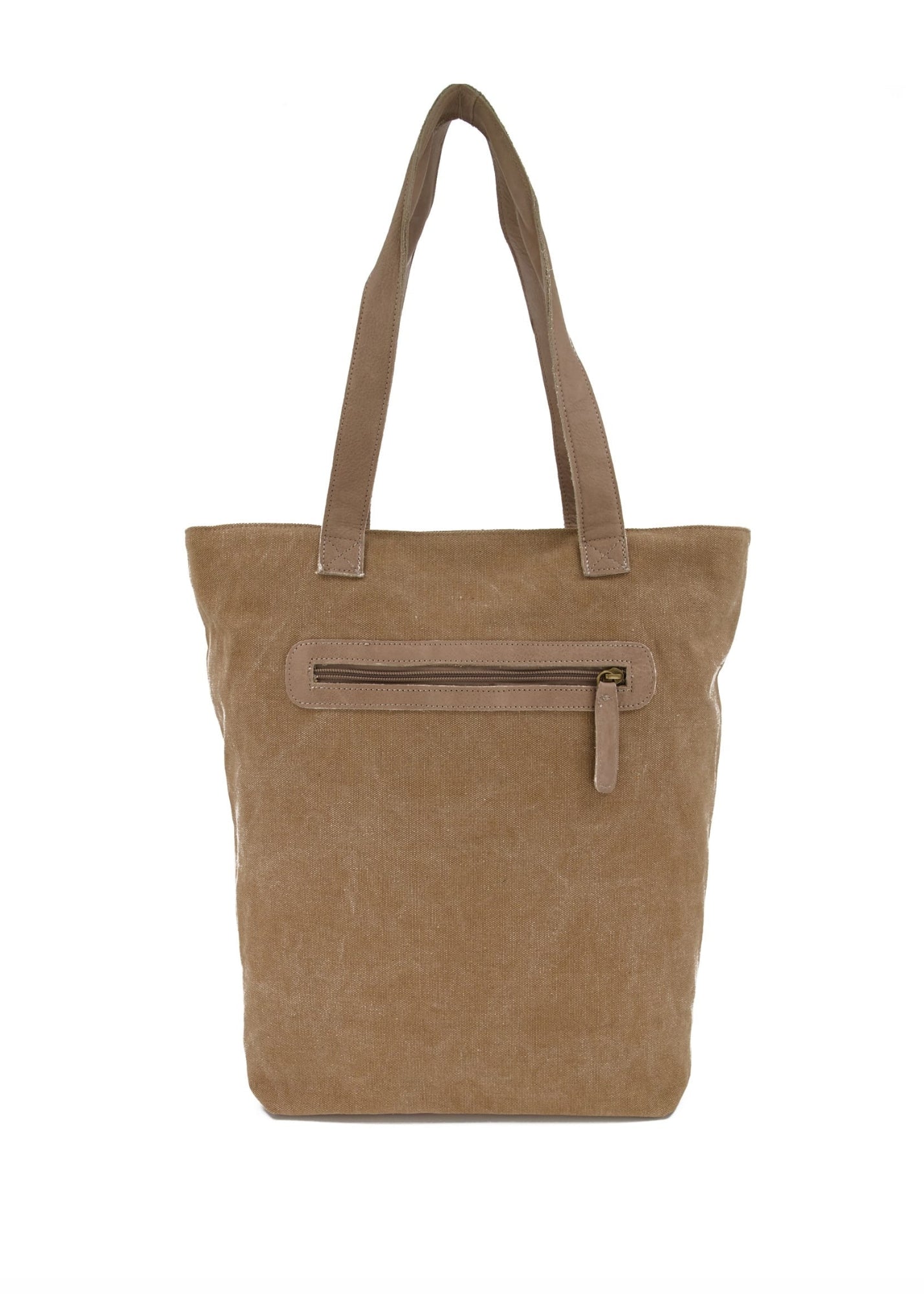 Side canvas bag with brown leather front pocket and flap