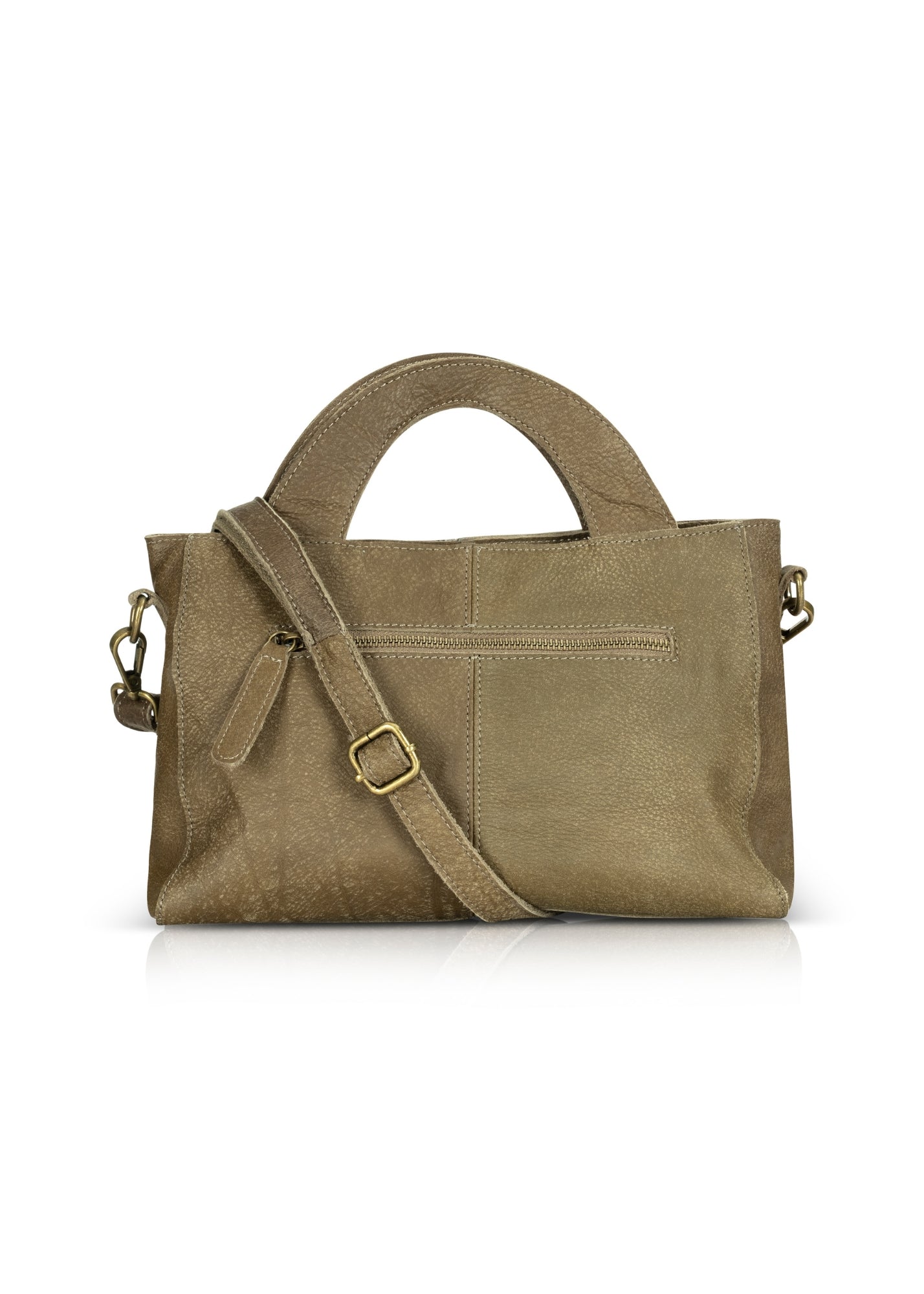 Rectangular leather evening bag with a large semi-circle handle, dark green