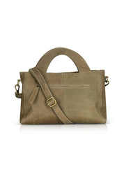 Rectangular leather evening bag with a large semi-circle handle, dark green