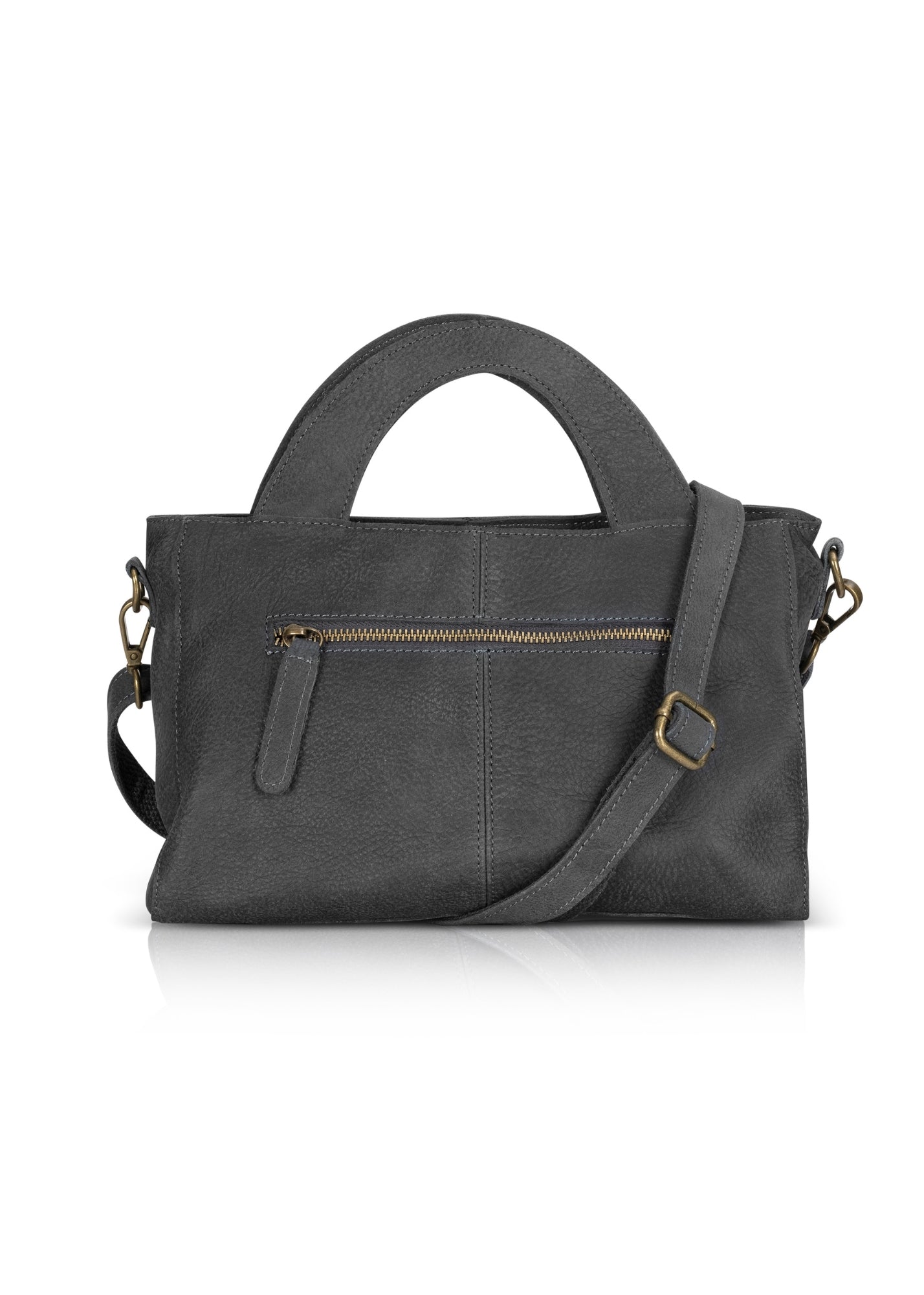 Rectangular leather evening bag with a large semicircle handle, dark gray
