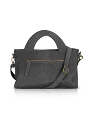 Rectangular leather evening bag with a large semicircle handle, dark gray