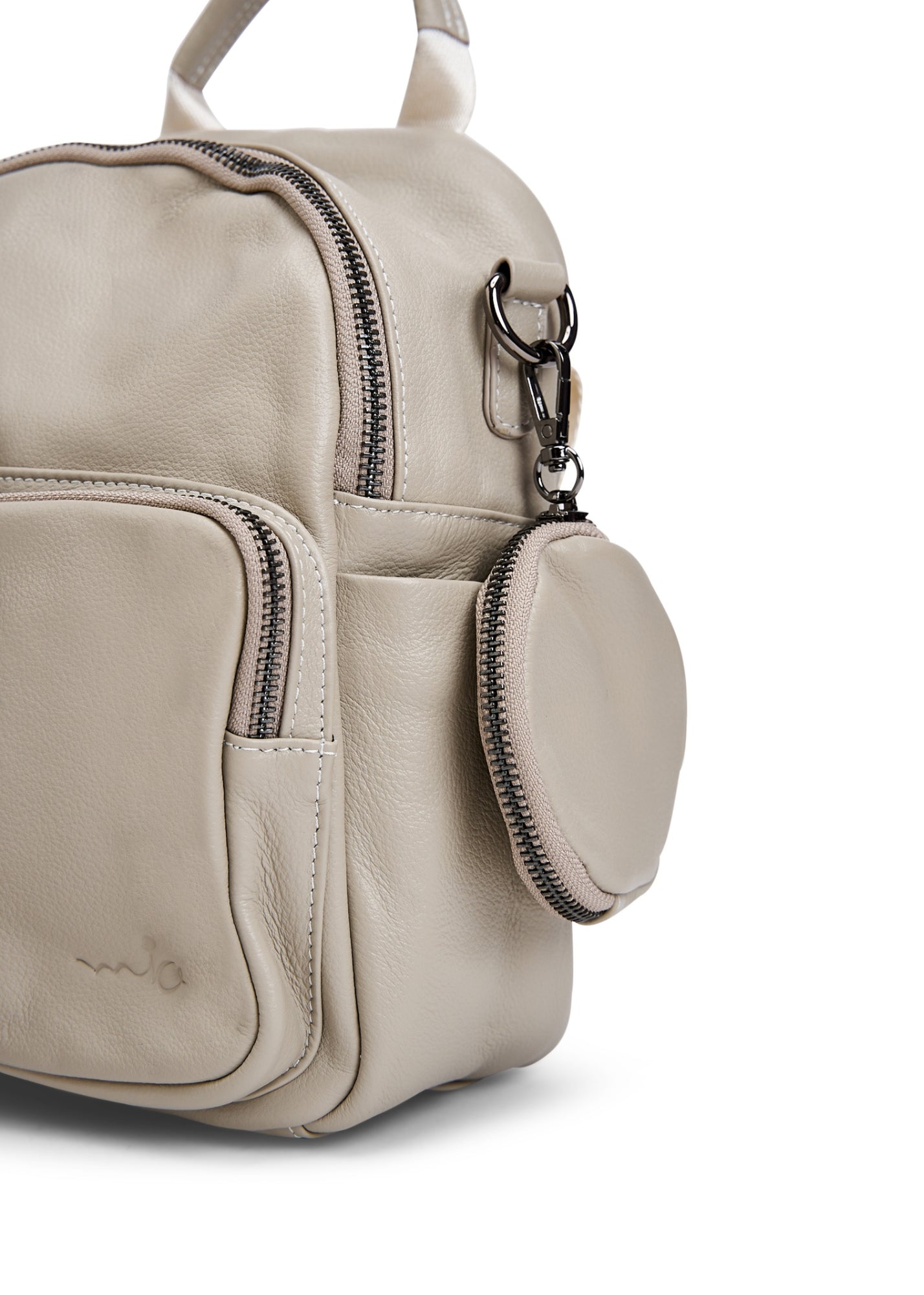 Leather backpack front pocket and stone wallet
