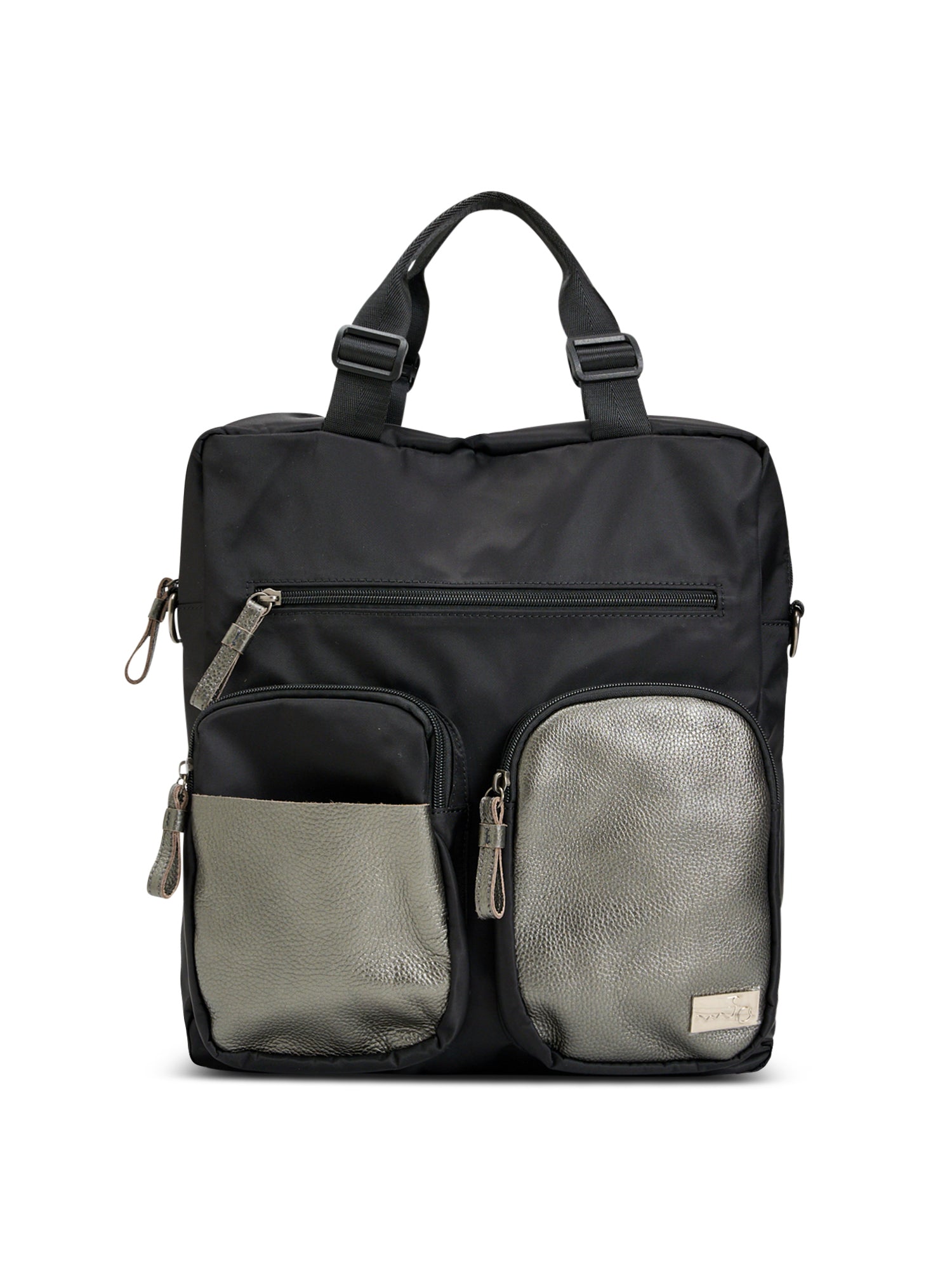 Nylon bag combined with silver leather