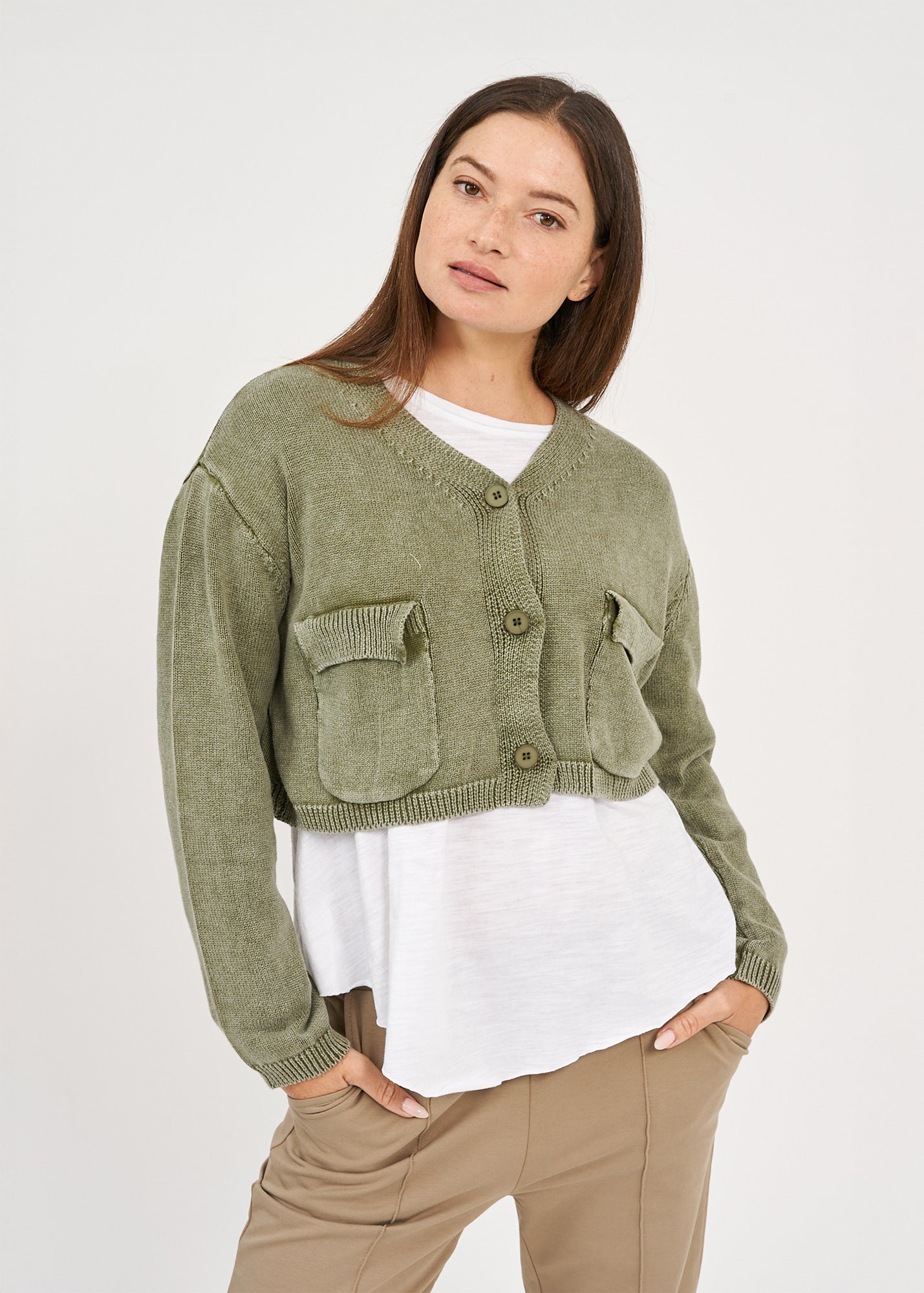 Dark green three-button washed knit top