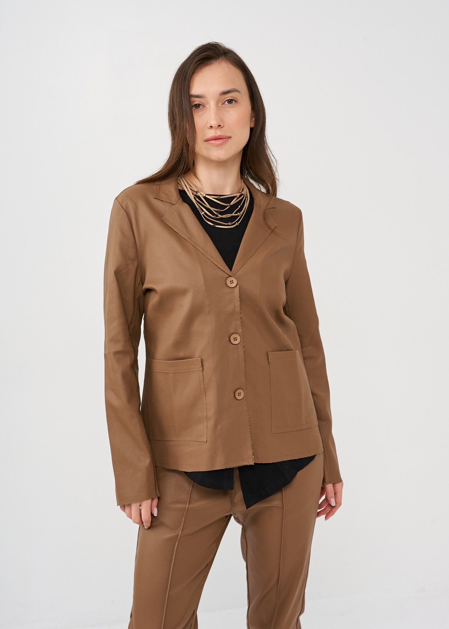 Brown leatherette exterior stitching blazer