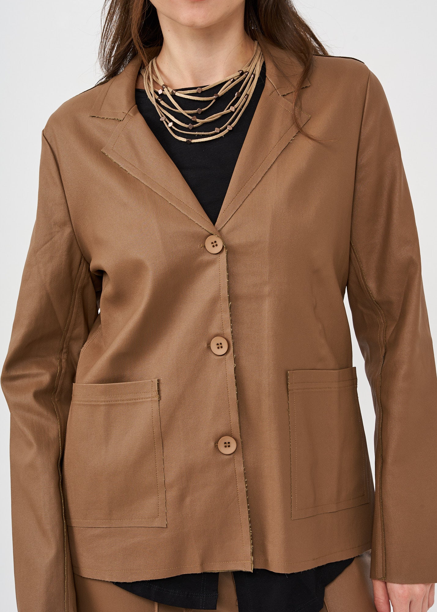 Brown leatherette exterior stitching blazer