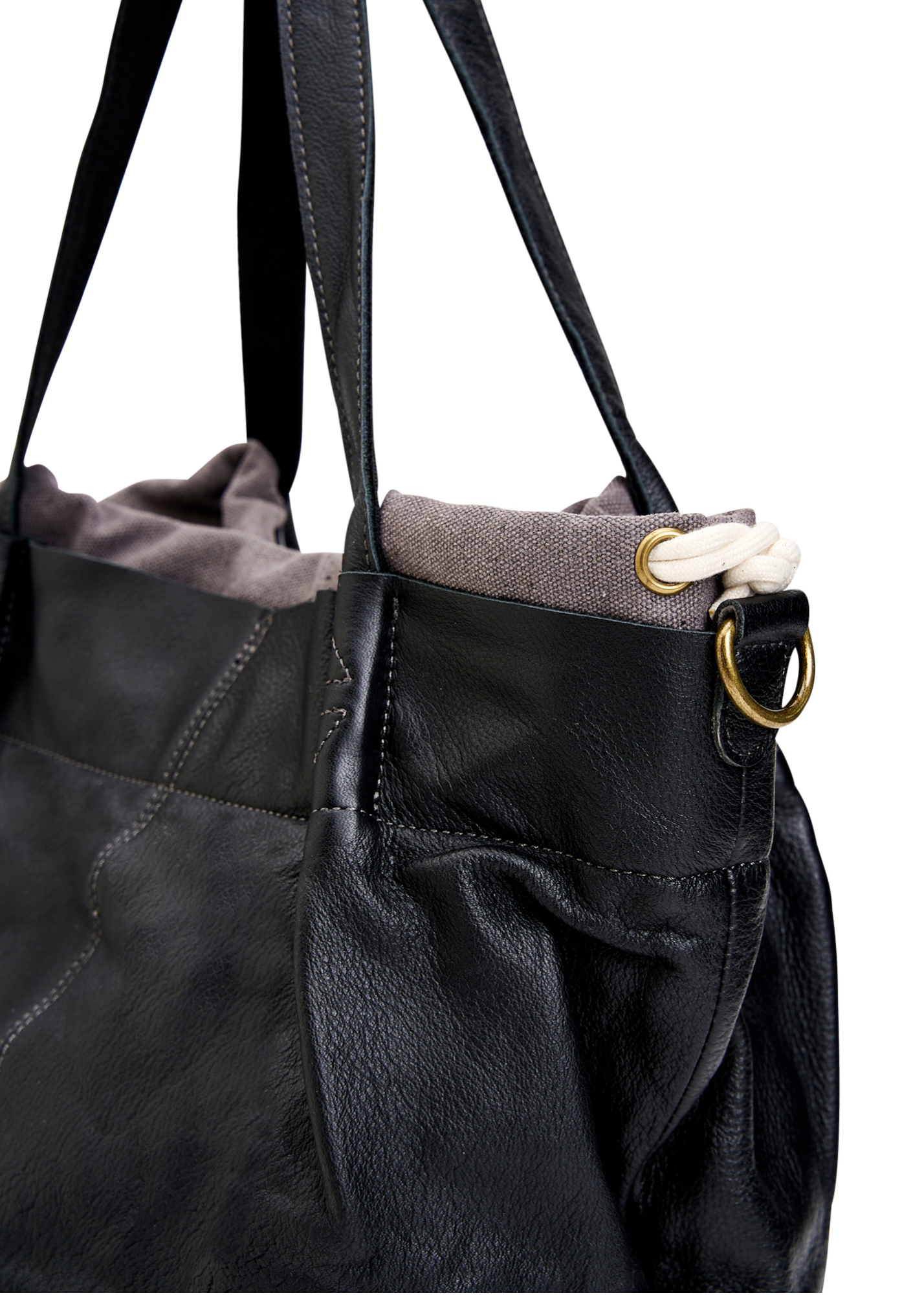 Canvas and gray leather bucket bag
