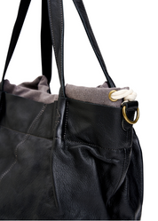 Canvas and gray leather bucket bag