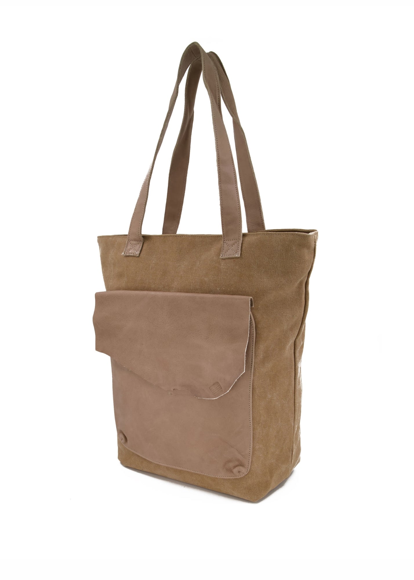 Side canvas bag with brown leather front pocket and flap