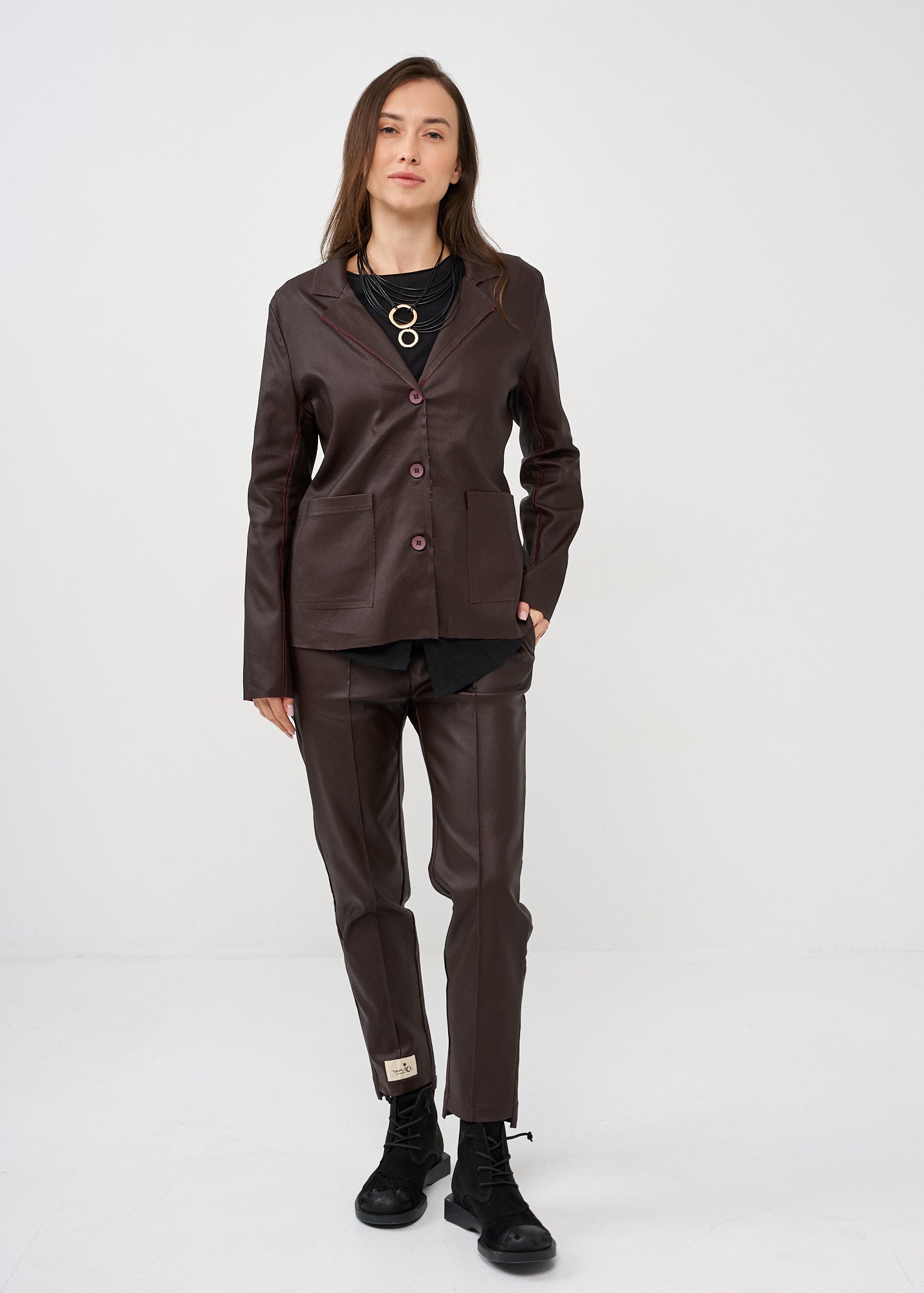 Burgundy leather-look outer stitching blazer