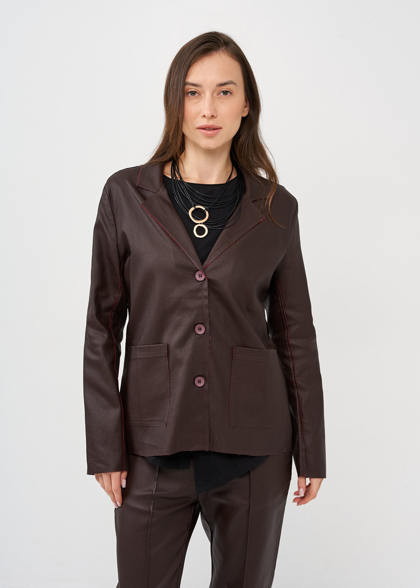 Burgundy leather-look outer stitching blazer