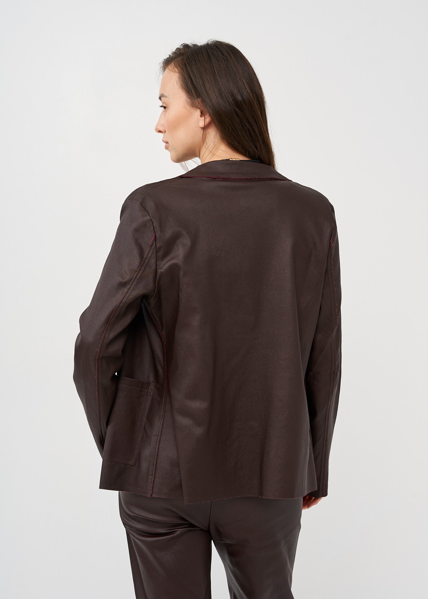 Burgundy leather-look outer stitching blazer