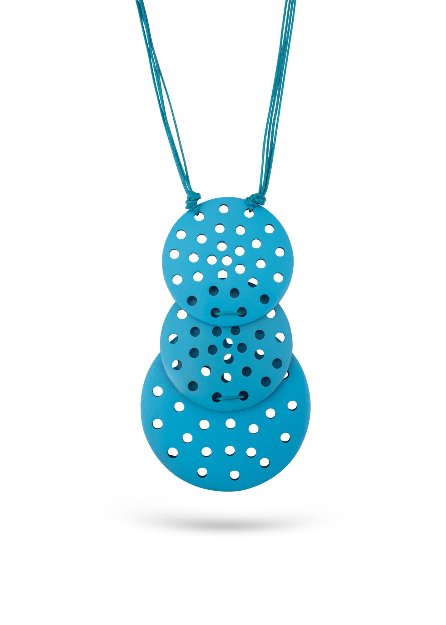 Necklace of blue perforated coconut discs