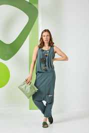 Leather evening bag with pocket and green flap